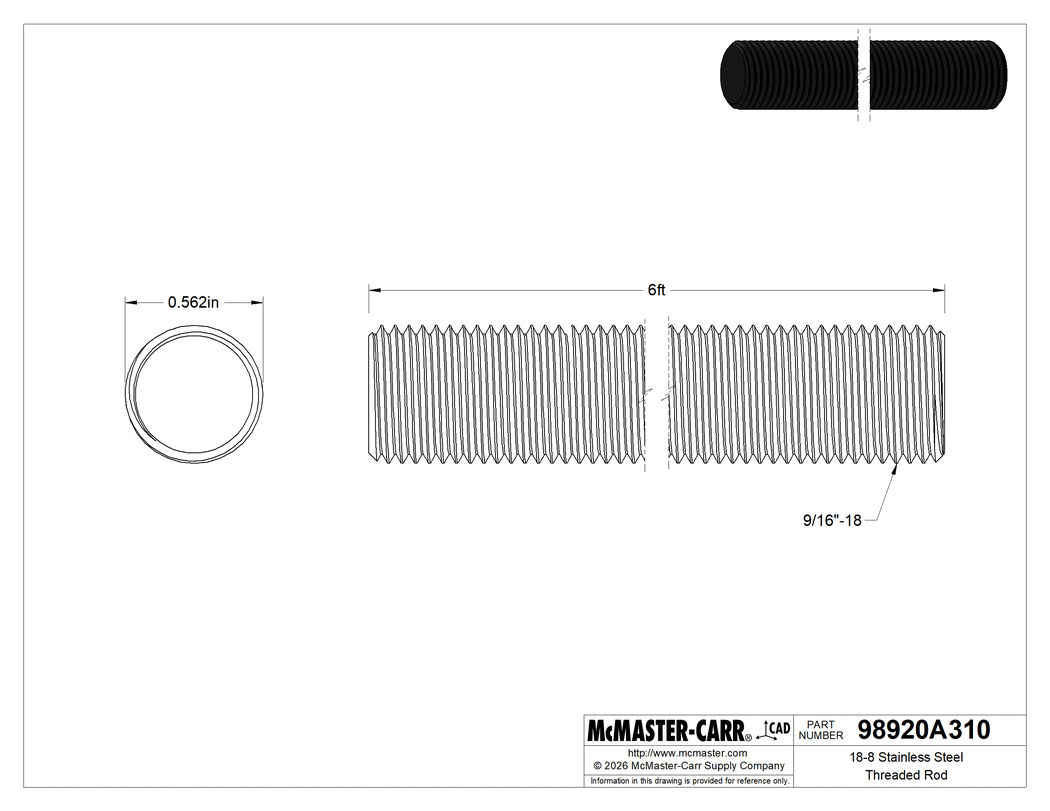 Technical Drawing of 18-8 Stainless Steel Threaded Rod, 9/16"-18 Thread Size, 6 Feet Long.